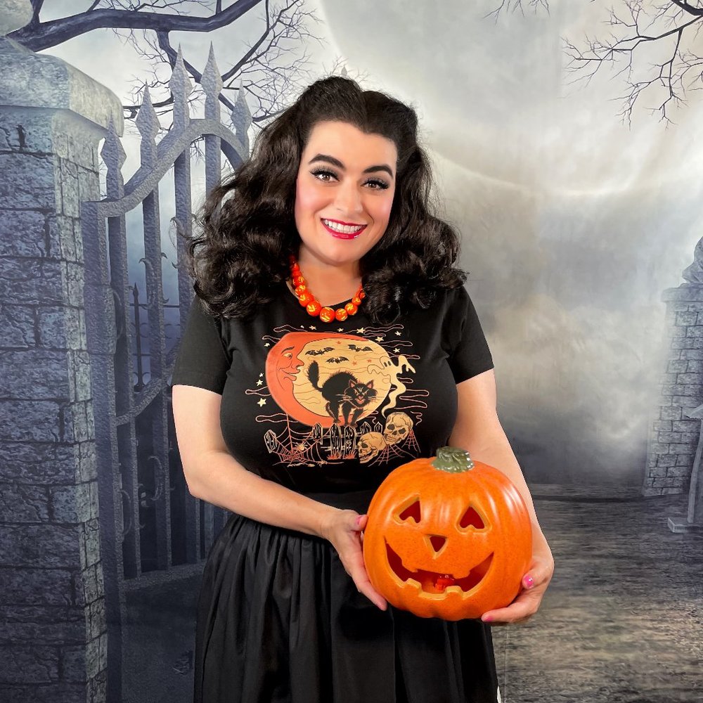 Retro Fall Pinup Halloween Moon Black Cat S-4XL